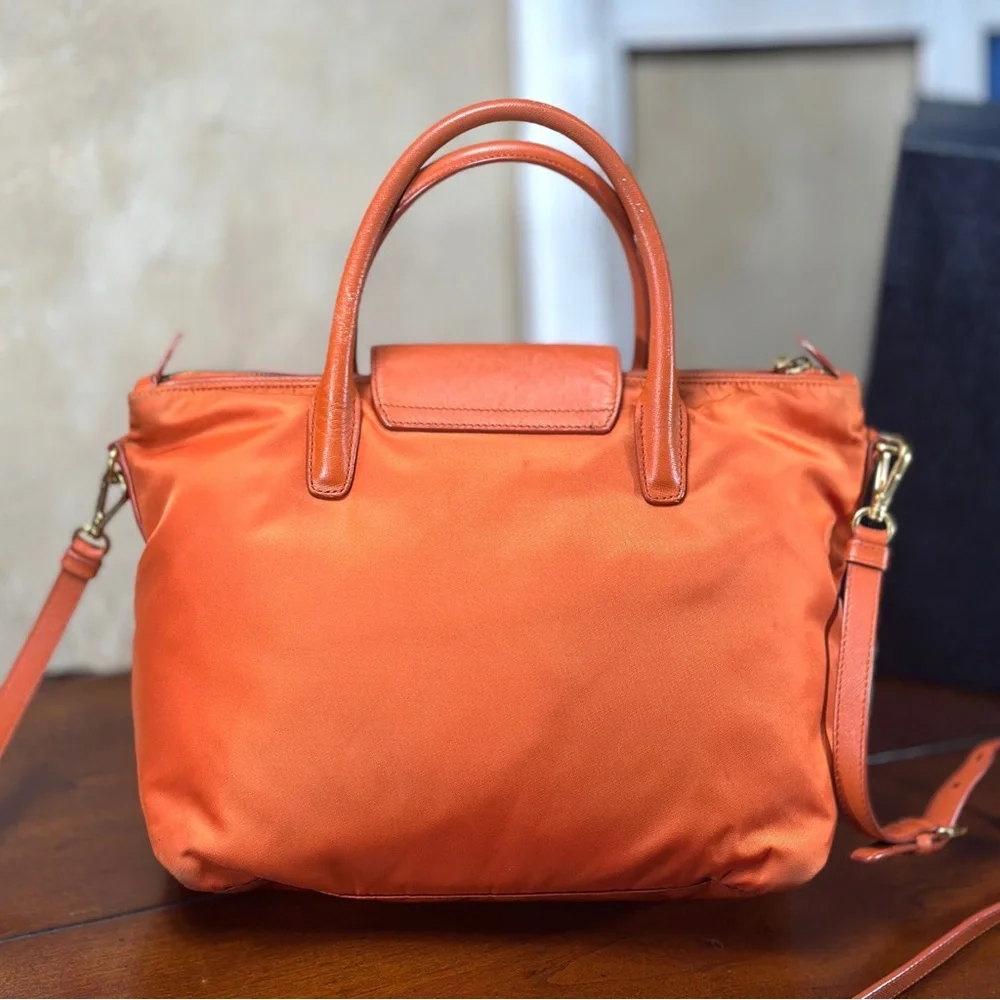 AUTHENTIC Prada Tessuto Nylon Saffiano Tote. Color: Papaya. - Picture 2 of 15